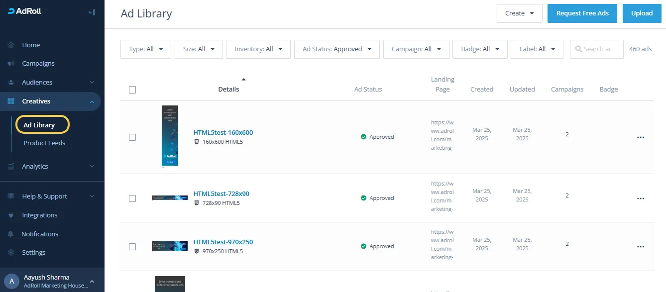 AdRoll Ad Library showing approved HTML5 creative assets