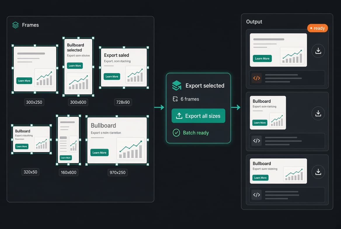 Abstract Figma-to-AdRoll HTML5 ad generation thumbnail showing a design canvas transforming into production-ready ad variants