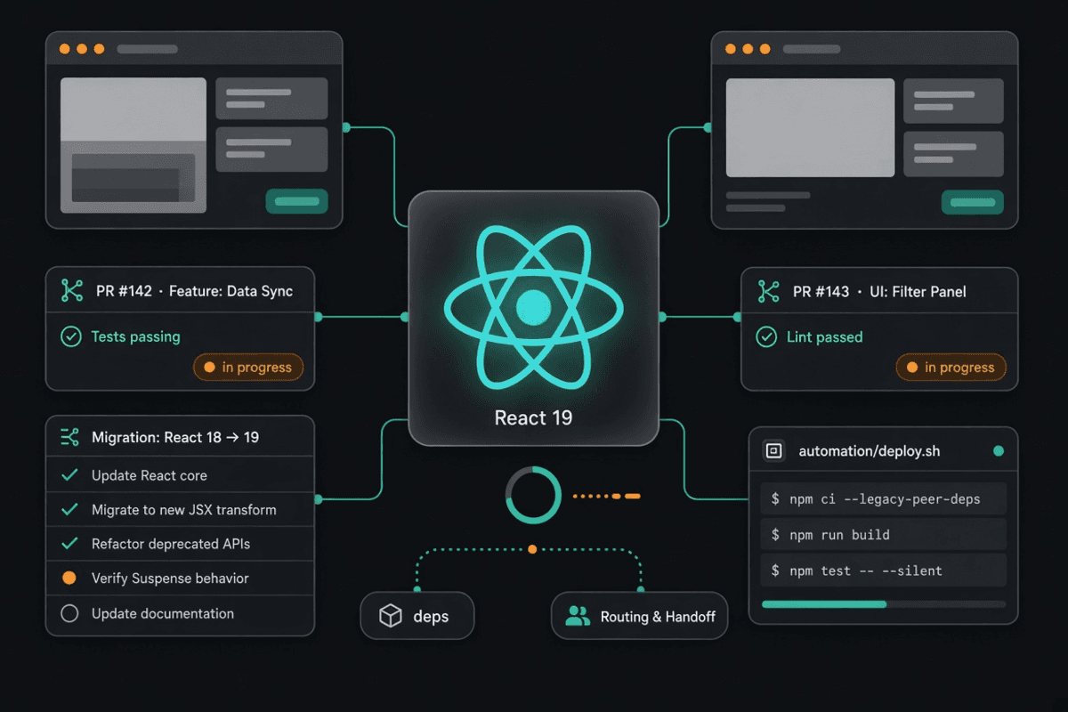 Abstract React 19 migration automation thumbnail showing app windows, checklists, and connected workflow nodes