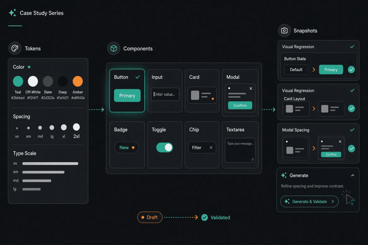 Abstract design-system guardrails thumbnail showing component tiles, design tokens, validation states, and AI-assisted scaffolding