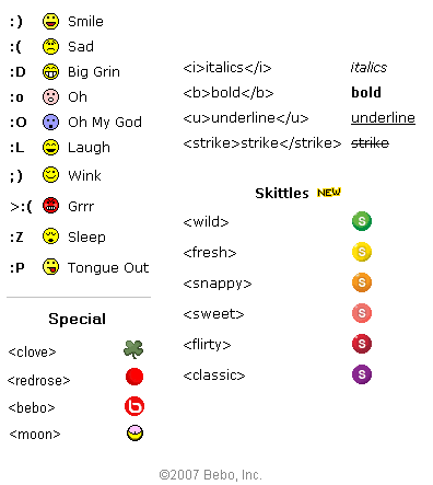 Bebo custom emoticon help panel with Skittles branded emoticons
