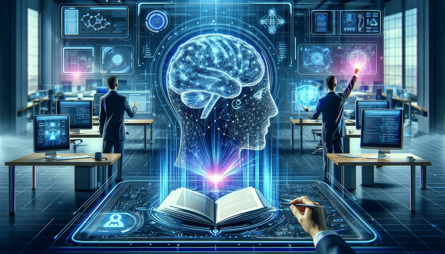 Innovation workspace: engineers collaborating with holographic AI interfaces and digital tools representing creativity and breakthrough thinking