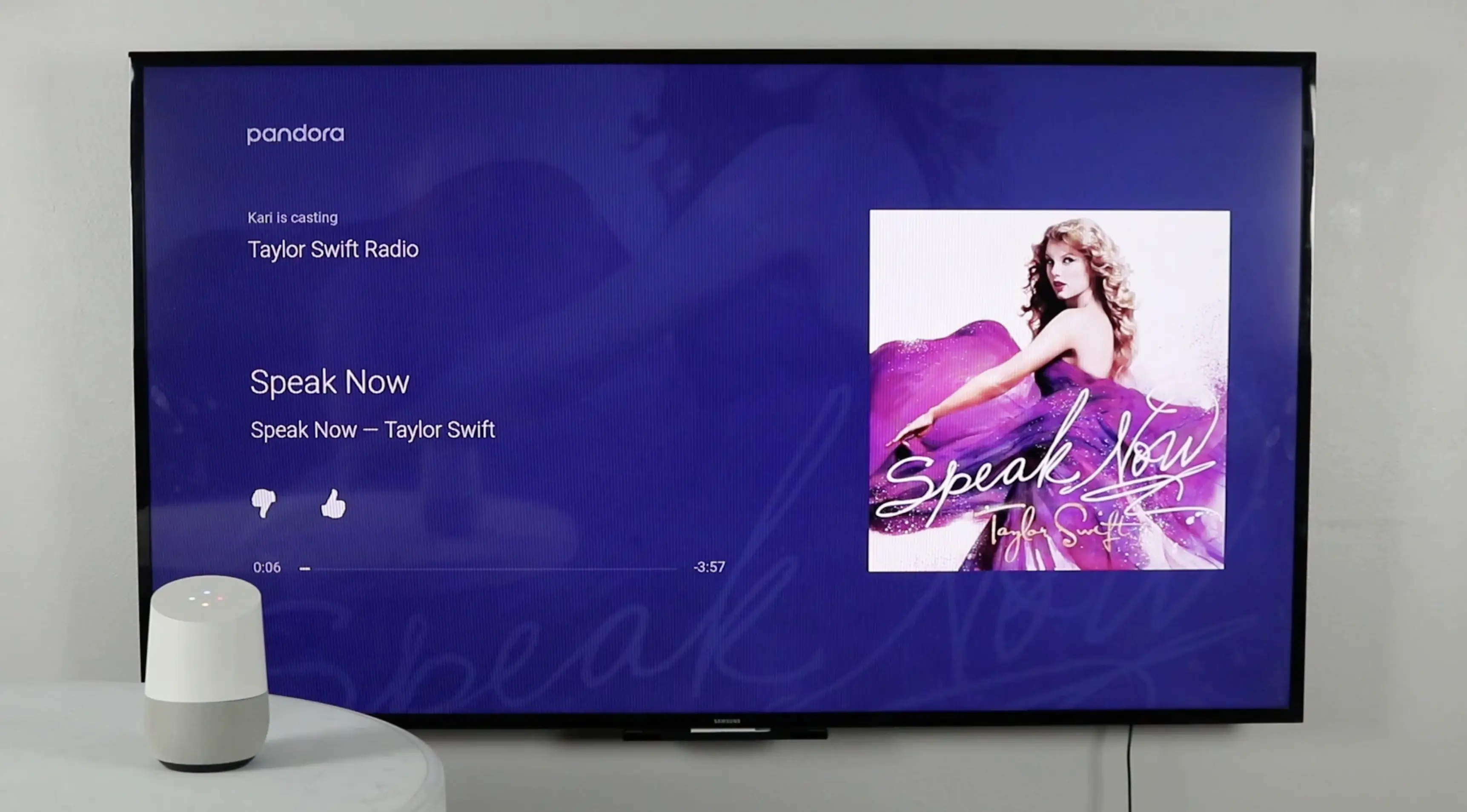 Pandora Chromecast UI showing Taylor Swift Radio playback with Google Home mini speaker