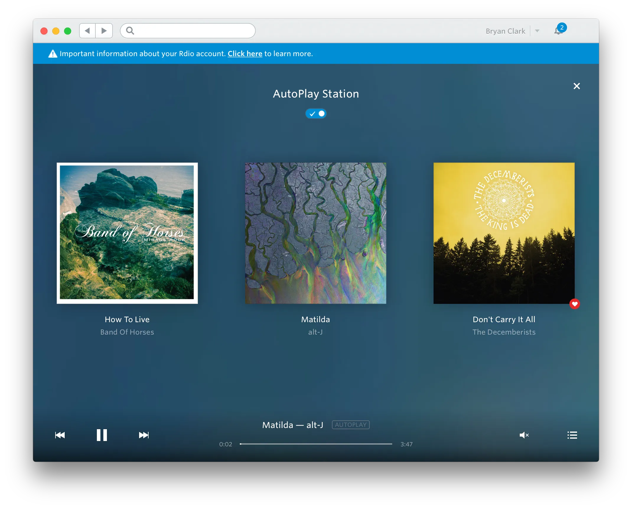 Rdio AutoPlay Station dialog with account and playback controls