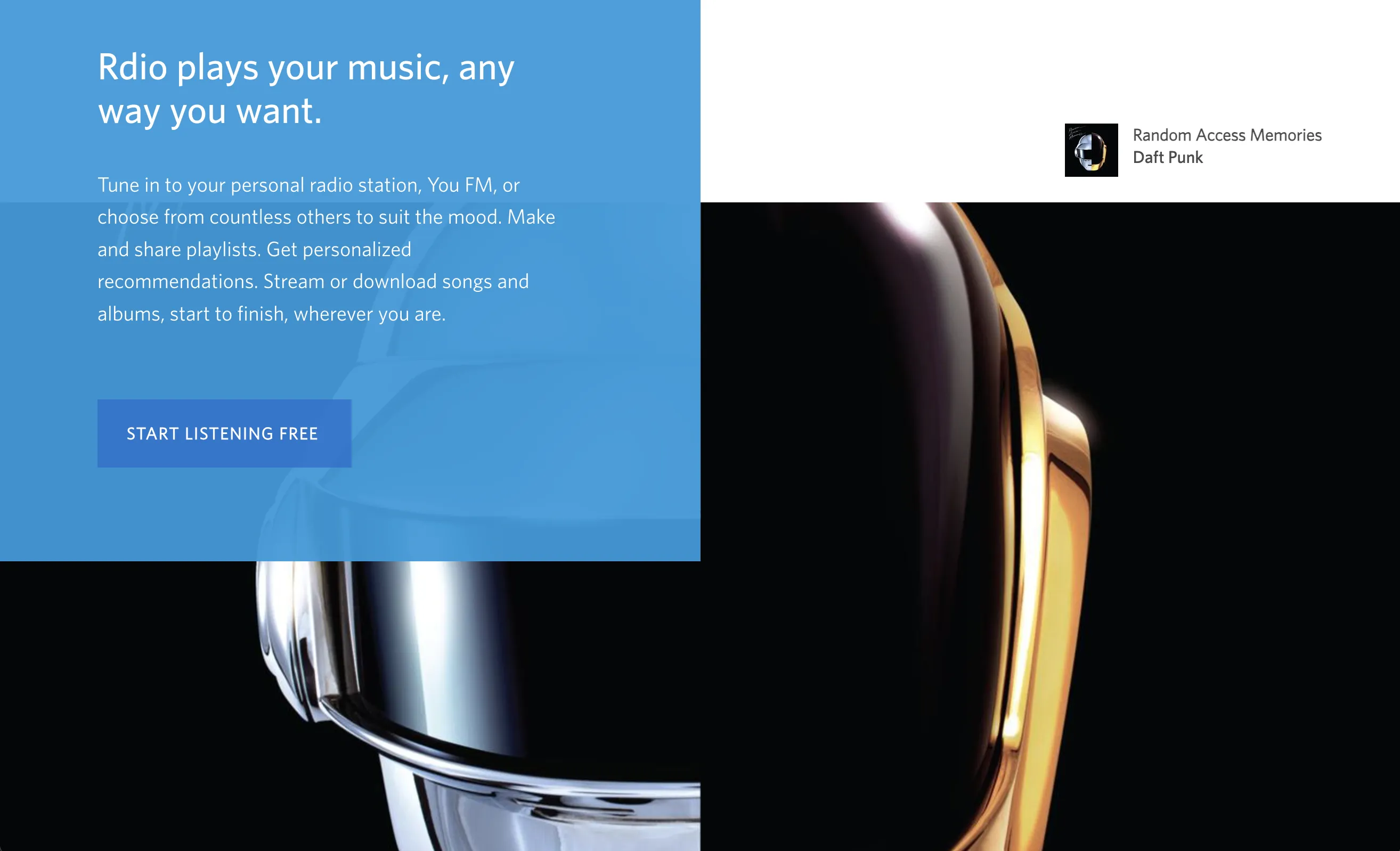 Rdio listening page with Daft Punk album context and playback controls
